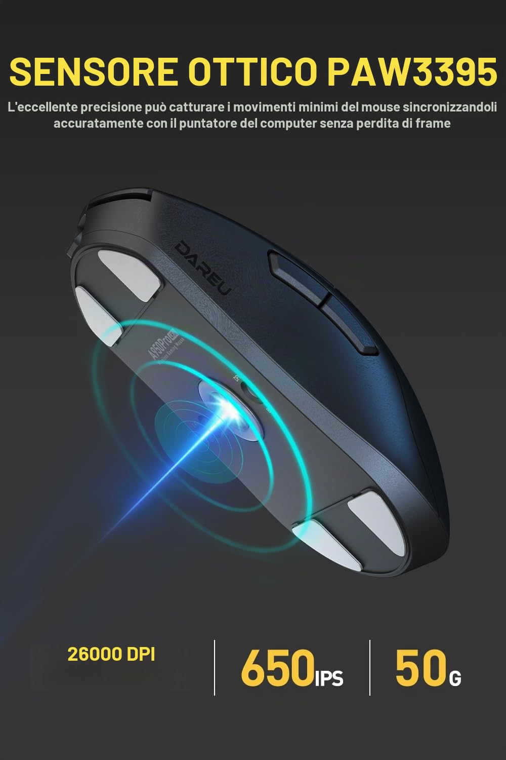 DAREU A950pro mouse gaming wireless 4K 55g ultra leggero, frequenza di polling 4 kHz, sensore ottico PAW3395, DPI 26K, 5 pulsanti programmabili, supporto 15 minuti di ricarica rapida e connessione