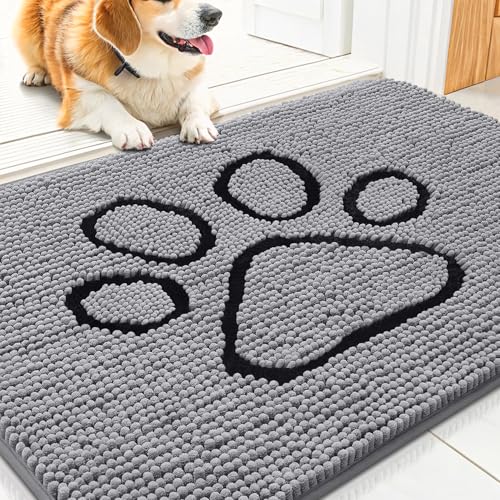Smiry Dog Door Mat for Muddy Paws, Absorbent Dirt Trapper Non Slip Quick Dry Washable Chenille Mat for Mud Dogs, Entry Rug for Indoor and Outdoor (30x20 Inches, Grey and Black)