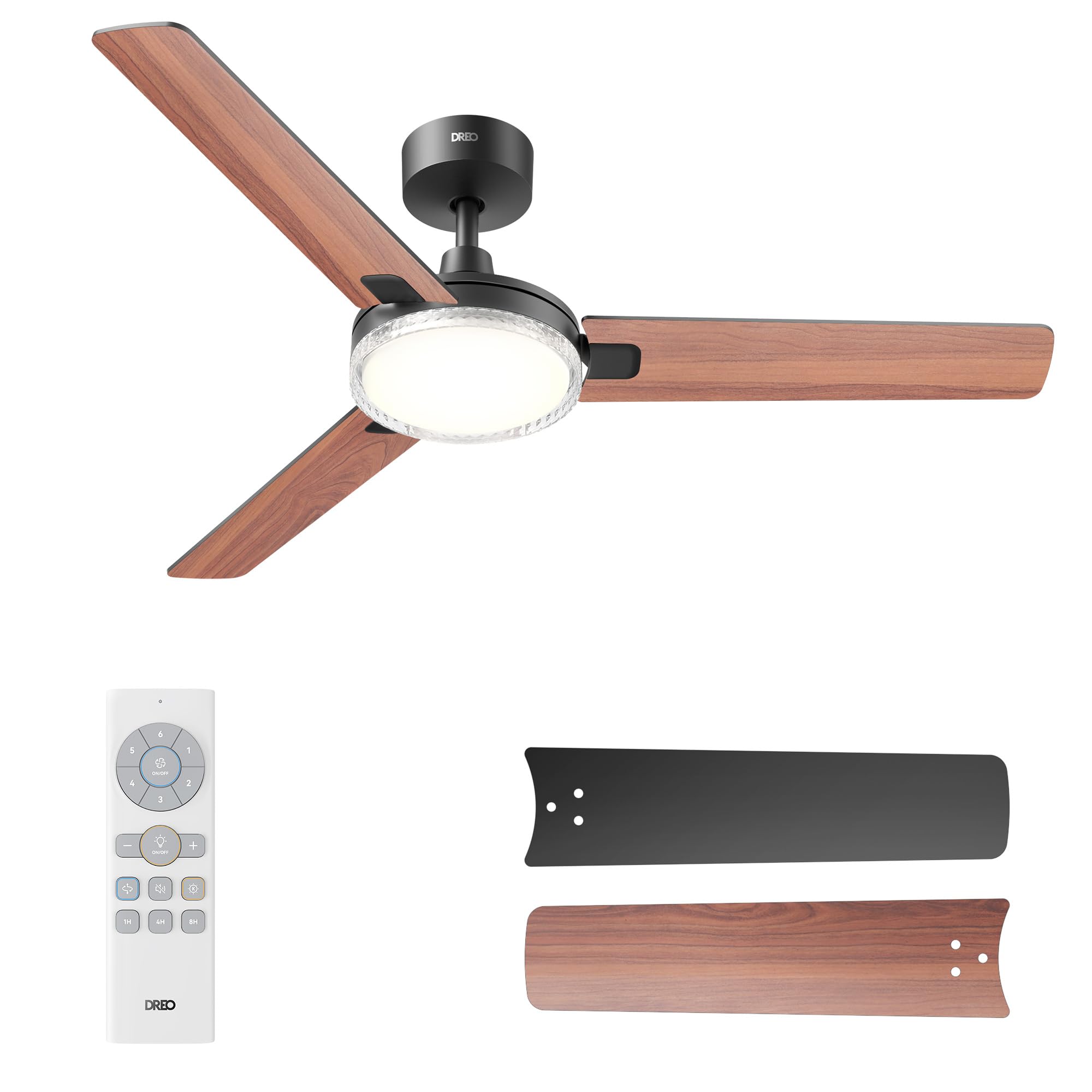 DREO ventilateur de plafond avec lumière et télécommande 132 cm, ventilateur noir, 5 températures de couleur CCT, LED dimmable 6 niveaux, 6 vitesses, moteur CC réversible silencieux, minuterie 1/4/8 h