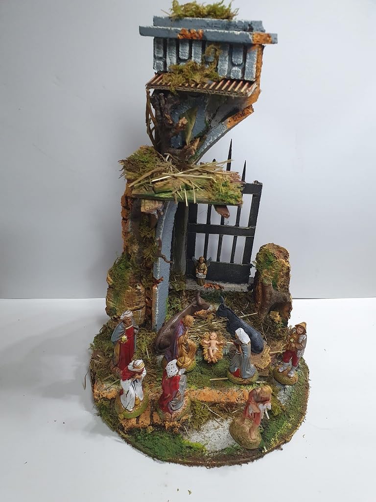 Tempo Weihnachtskrippe komplett Durchmesser 20 cm Höhe 3 cm Holz und Kork mit oder ohne 11 Schäfte 6 cm Terrakotta oder 6 cm Kunststoff, geeignet für Glasglocke