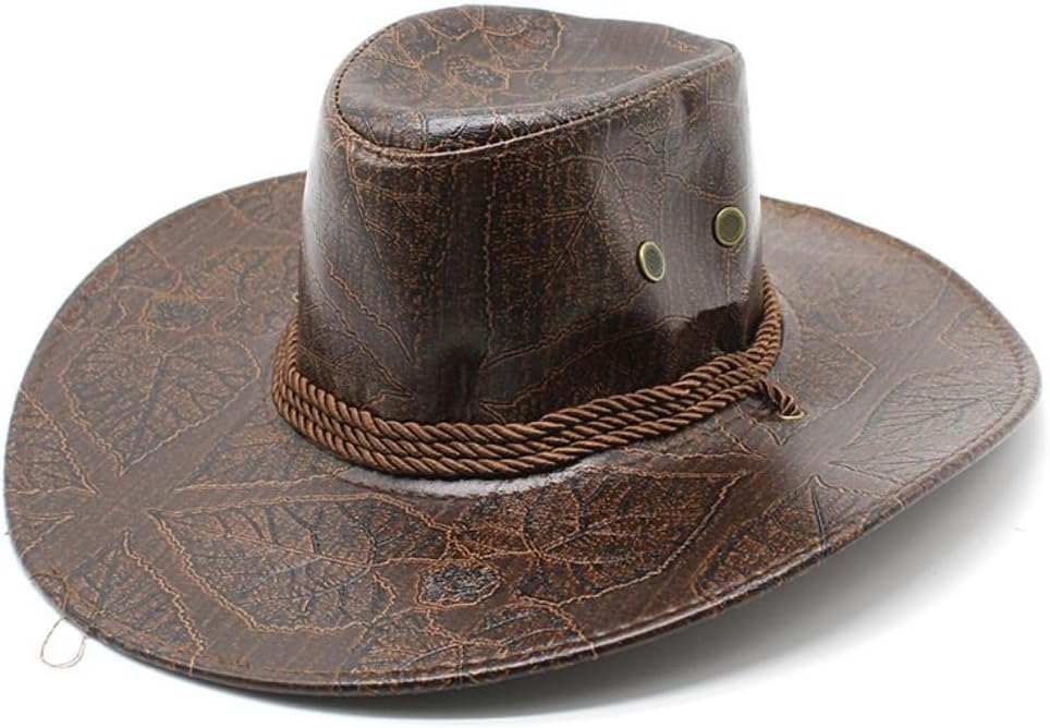 Western Cowboy Hat, Vintage Leather Look, Wide Brim with Rope Band, Burgundy Red, Classic Style