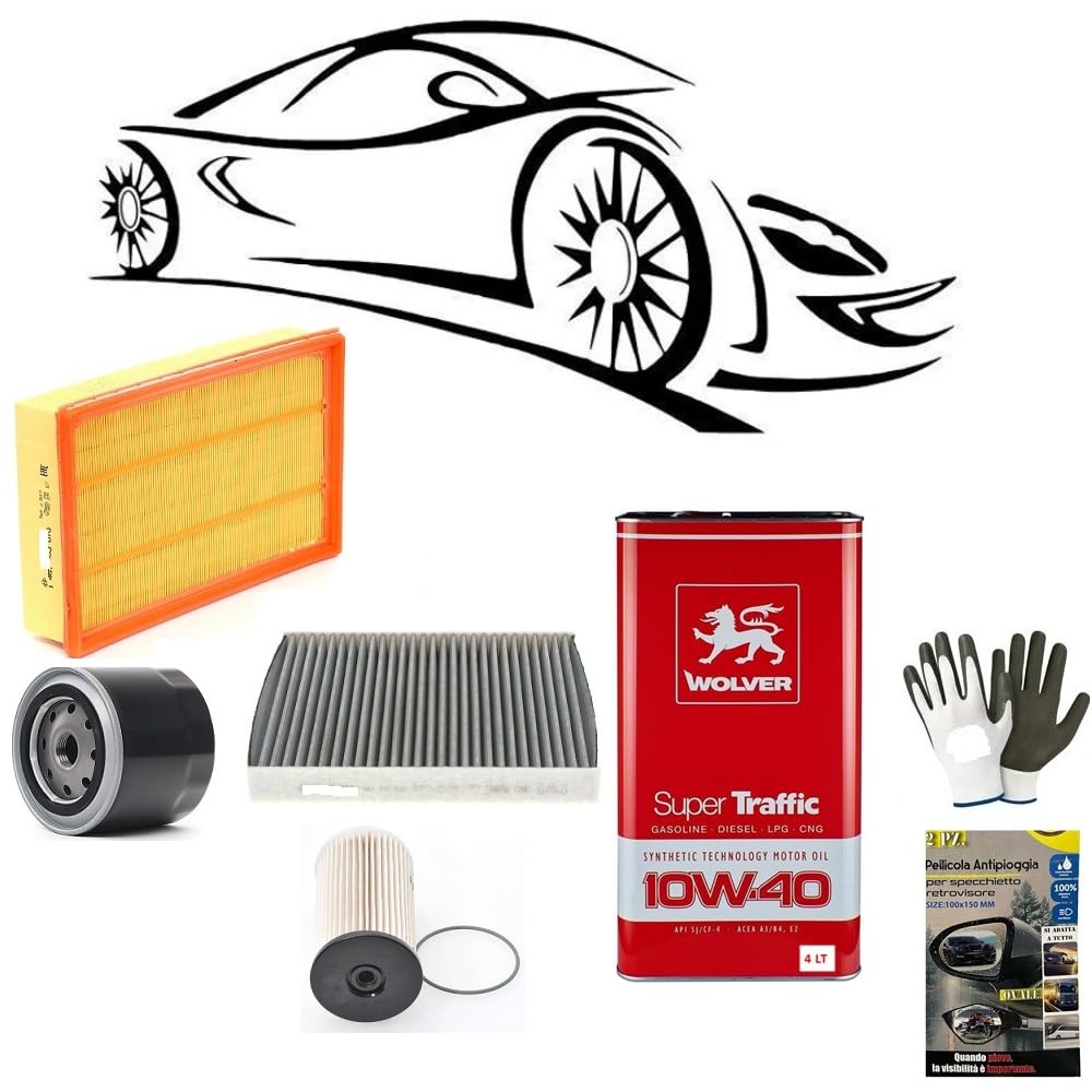 Kit de mantenimiento para coche con 4 litros de aceite 10W40 Wolver, filtro de aceite, filtro de aire, filtro de combustible y filtro de habitáculo, compatible con Opel Corsa D 1.3 CDTI CV 75 (07/2006