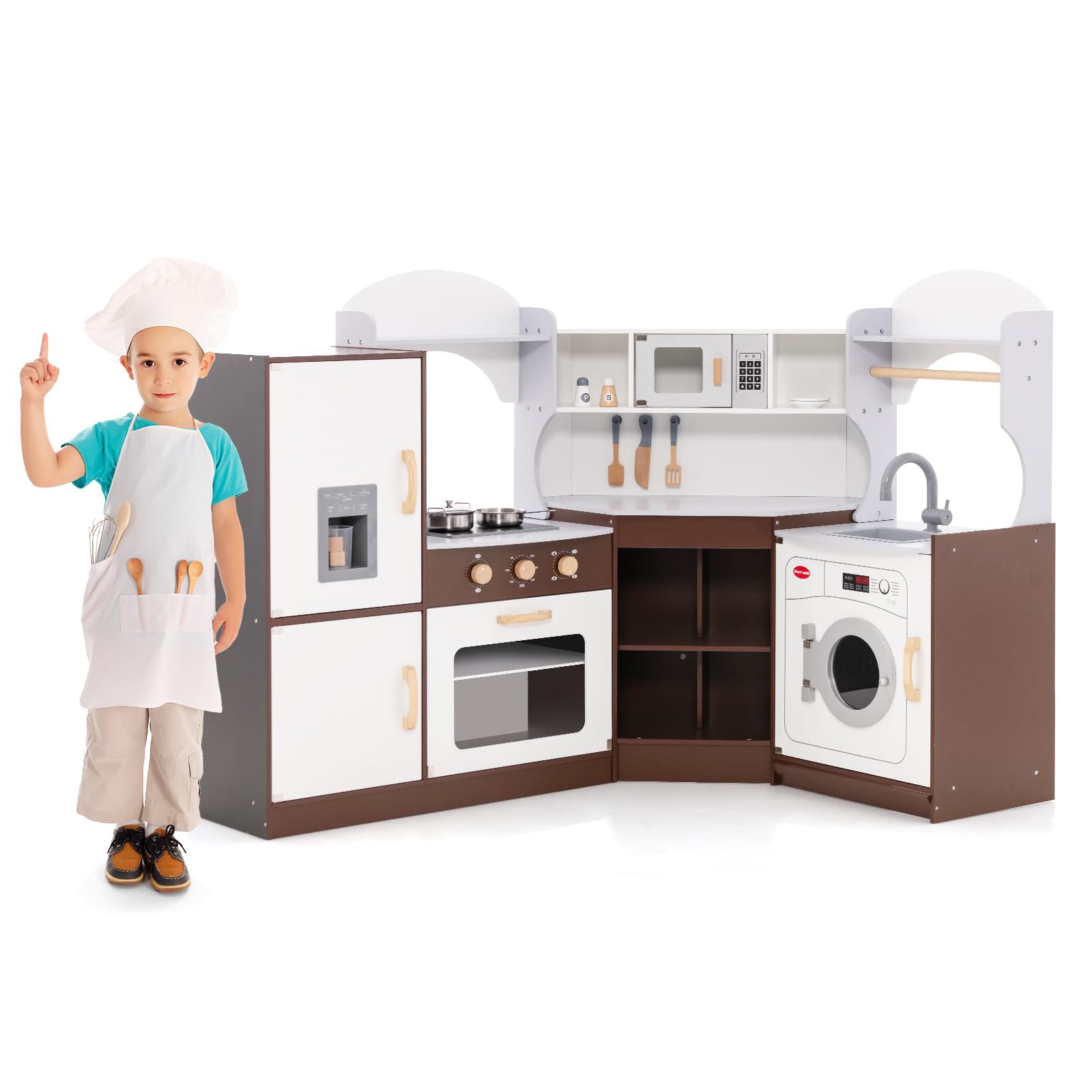 Kids Corner Kitchen Playset, Wooden Play Kitchen with Washing Machine, Range Hood, Ice Maker, Microwave, Oven, Sink, Little Chef Pretend Cooking Toy Set for Toddler (Brown)