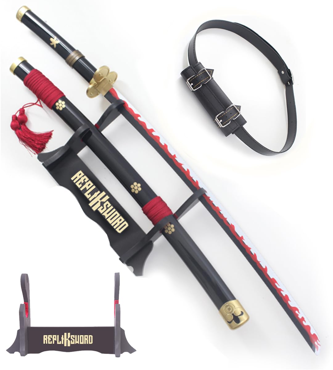 One Piece Katana Enma en Bois - Sabre Zoro Black Edition - Meito Katana avec Support et Ceinturon Noir Porte-Épée