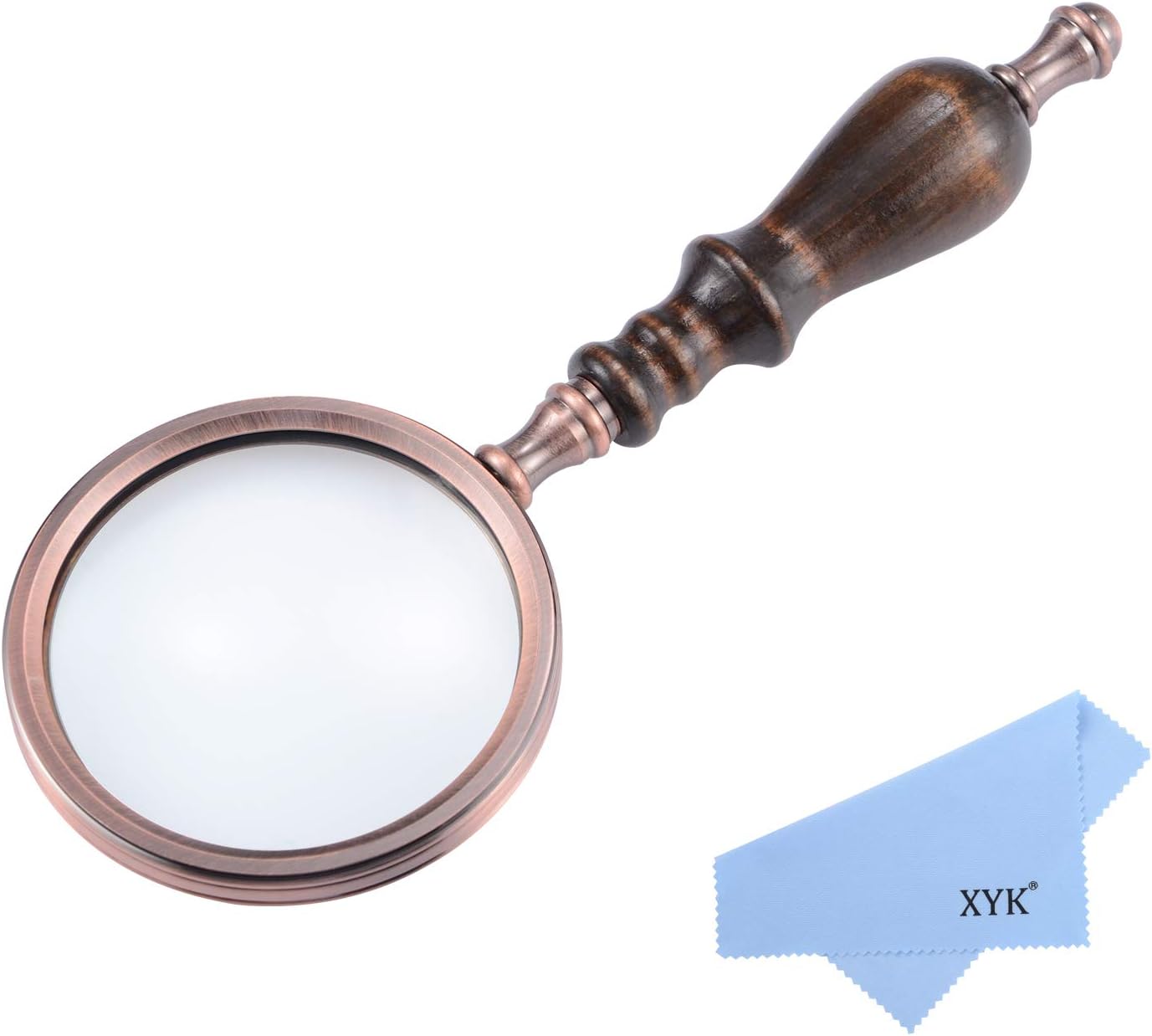 XYK 5X Handheld Antique Brass Magnifying Glass with Wooden Handle and Real Glass,Best Reading Magnifier for Science, Reading Book, Inspection, Coins, Insects, Rocks, Map, Crossword Puzzle