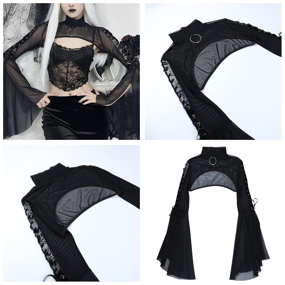Crop Tops Gothic Punk Fishnet Cover Up Bell Sleeve Shawl Mesh Bolero Shrug Cardigan