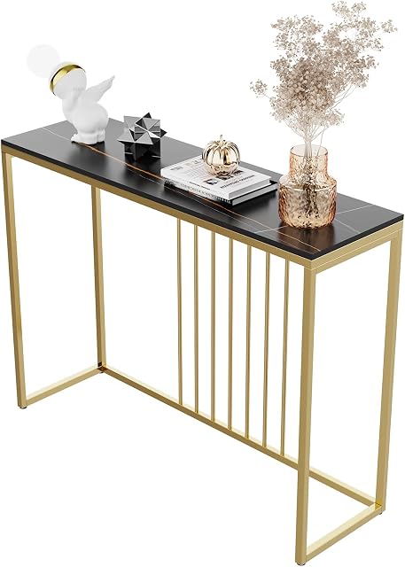 Slim Console Table Hallway Unit: Black Gold Lines Pattern Marble Top Consoles Desk Long 100cm High Gloss Sintered Stone Marbles Effect and Gold Frame Narrow Tall Modern Sofa Side Tables Living room