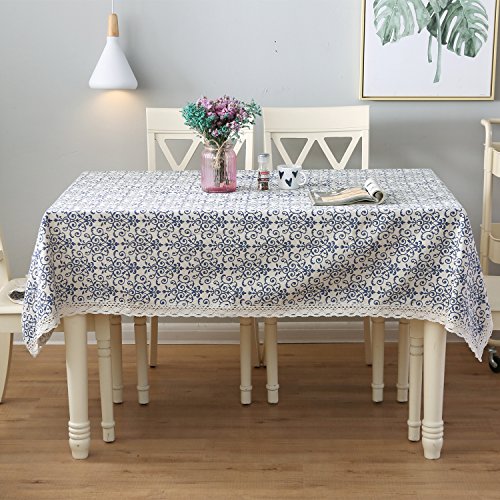 Famibay BANGZHE-AA0002 Rustic Tablecloth Rectangle,Everyday Kitchen Table Cloth Indoor Outdoor Decorative Macrame Lace Tablecloth Navy Blue Jacquard Damask Design(55 Inch X 70 Inch thumb #5