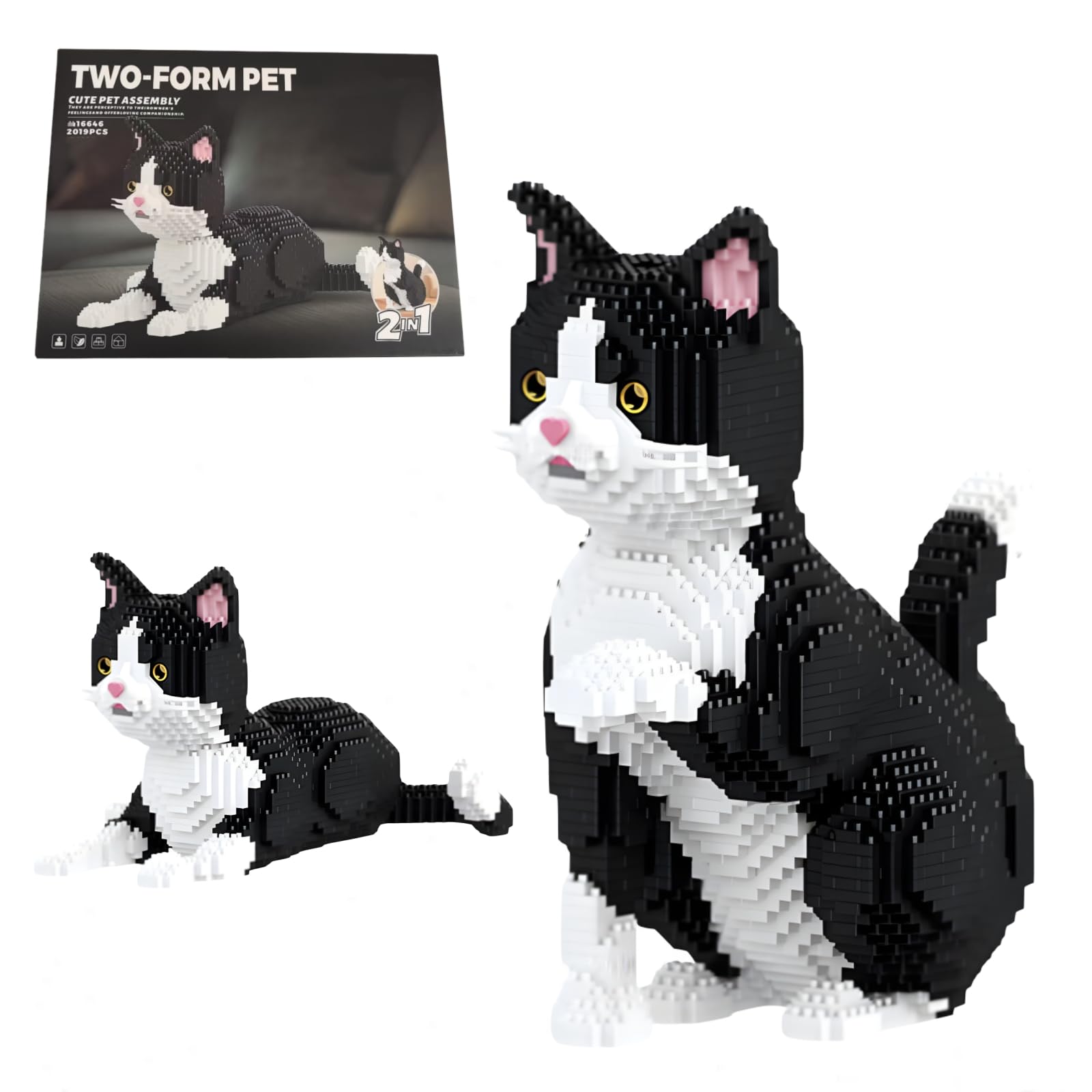 2 IN 1 Tuxedo Cat Building Set for Adults, 2019 Pieces Kitty Mini Micro Building Blocks, Cute Pet Animal Figure Model Toy, Home Desk Decor, Birthday Gifts for Teenagers โ image 1