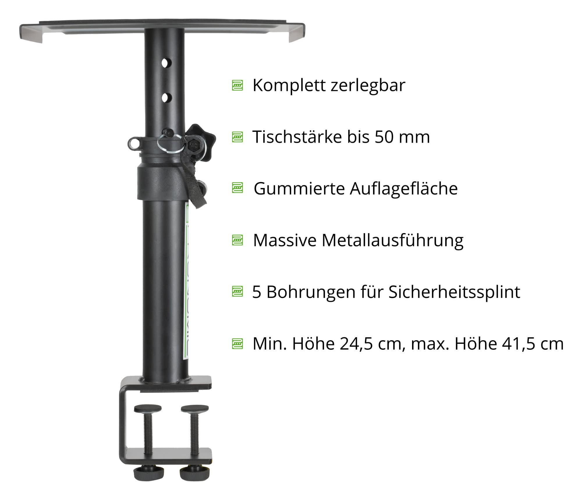 Pronomic SLS-36K BK Coppia di Supporti da Tavolo con Morsetto per Monitor da Studio - Molto Salvaspazio - Regolabile in Altezza da 24,5 cm a 41,5 cm - Piano con Fascia a Strappo - Nero