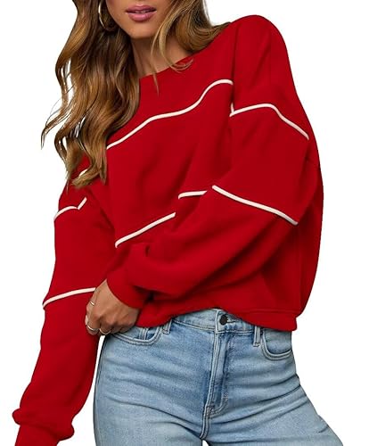 LEEDYA Womens Long Sleeve Sweatshirts Oversized Crewneck Color Block Pullover Top Casual Lightweight Blouse Tops