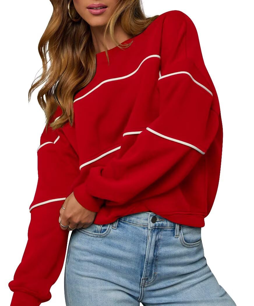 leedya Womens Long Sleeve Sweatshirts Oversized Crewneck Color Block Pullover Top Casual Lightweight Blouse Tops-picture-41