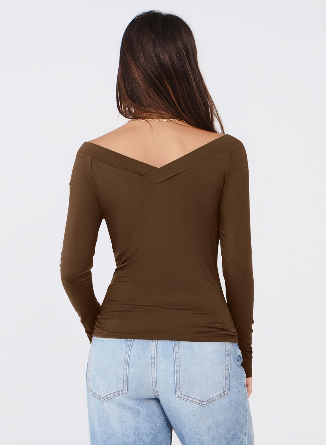 MIHOLL Womens Long Sleeve Off The Shoulder Tops Y2K Going Out Slim Fit Crop V Neck Shirts Fall Fashion Clothes Outfits - Image 2