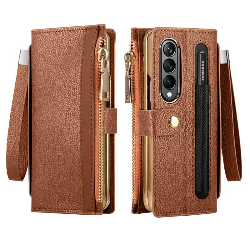 Coque Samsung Galaxy Z Fold 5 portefeuille cuir marron fermeture éclair sangle