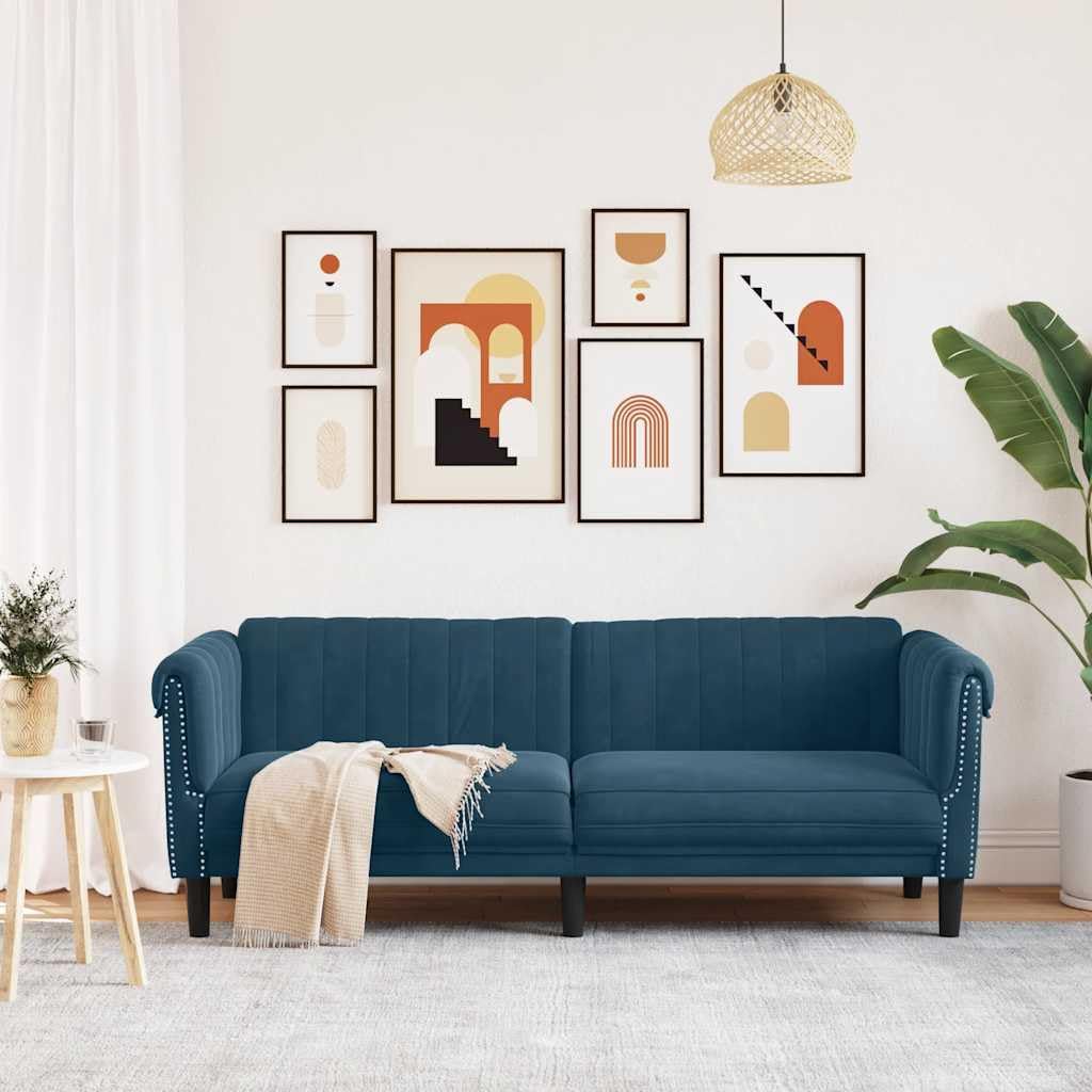 Divano 3 posti Velluto Blu | Comoda seduta imbottita, gambe robuste, design moderno, capacità 110 kg per sedile