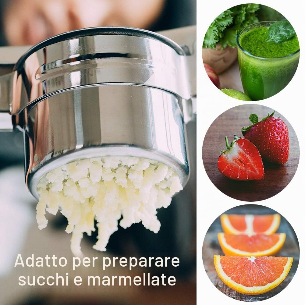 Schiacciapatate Manuale in Acciaio Inox, Professionale Potato Ricer, Pressa per Purè di Patate Liscie, Marmellata, Verdure E Frutta, con 3 colini sostituibili (Fine Medio Grossolano)
