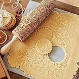 VZATT Motiv Nudelholz, Weihnachten Teigroller aus Holz, Holz Nudelhölzer zum Backen geprägte Kekse, 3D Holz Nudelholz, Teigroller mit Prägung, Graviertes Nudelholz