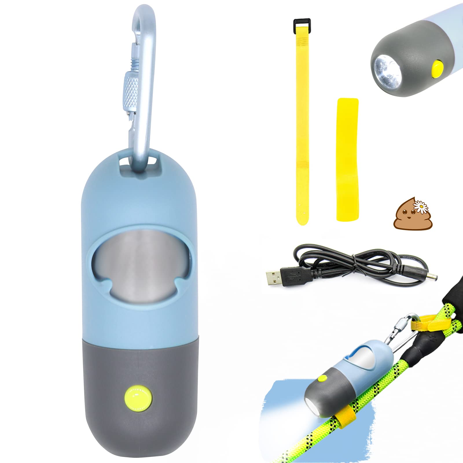 Dog Poop Bags Holder with LED Flashlight Doggie Poo Bag Dispenser for Leash Hands-free Pet Waste Bags Pouch with Rechargable Battery and USB cable (1 Holder 15 Bags, Sky Blue)