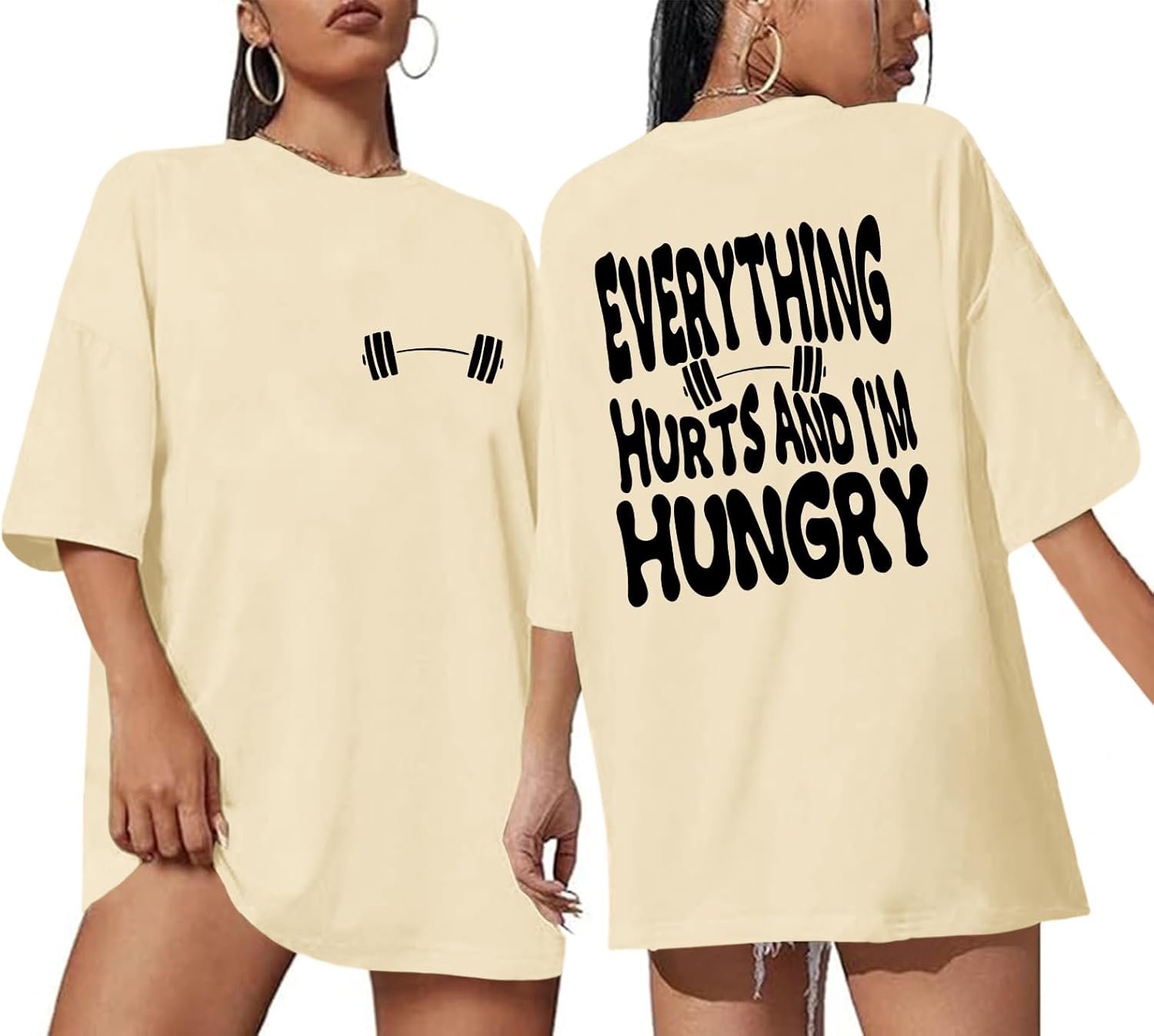 Funny Workout Gym Shirts Women Oversized Weightlifting Graphic Tshirt Everything Hurts and I'm Hungry Tee Tops