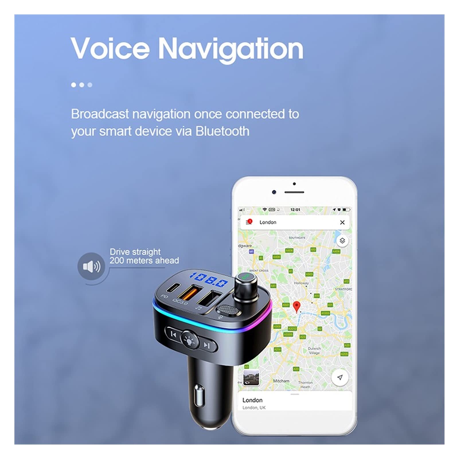 Adaptateur audio Bluetooth Lecteur MP3 de voiture Bluetooth 5.0 FÉMININ Kit de voiture mains libres de transmetteur PD QC 3.0 Double USB Transmetteur de lumières de l'atmosphère colorée du chargeur