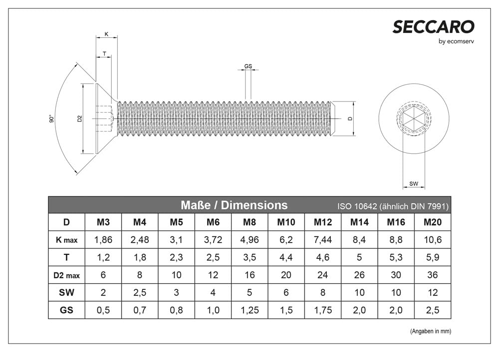 SECCARO Vite a testa svasata M6 x 60 mm, acciaio inox V2A VA A2, DIN 7991 / ISO 10642, esagono incassato, 20 pezzi
