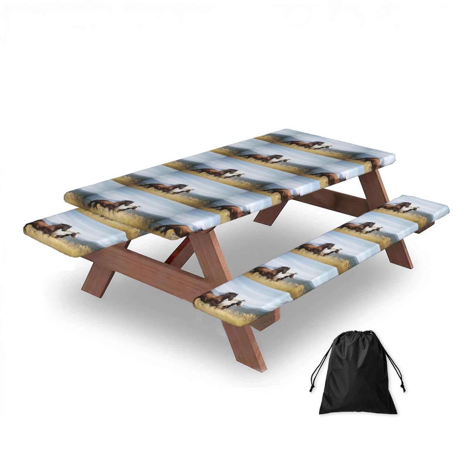 Horses Running Art, Picnic Table Cover With Bench Covers -Waterproof Elastic Fitted Tablecloth for Garden Camping Patio 76x152cm