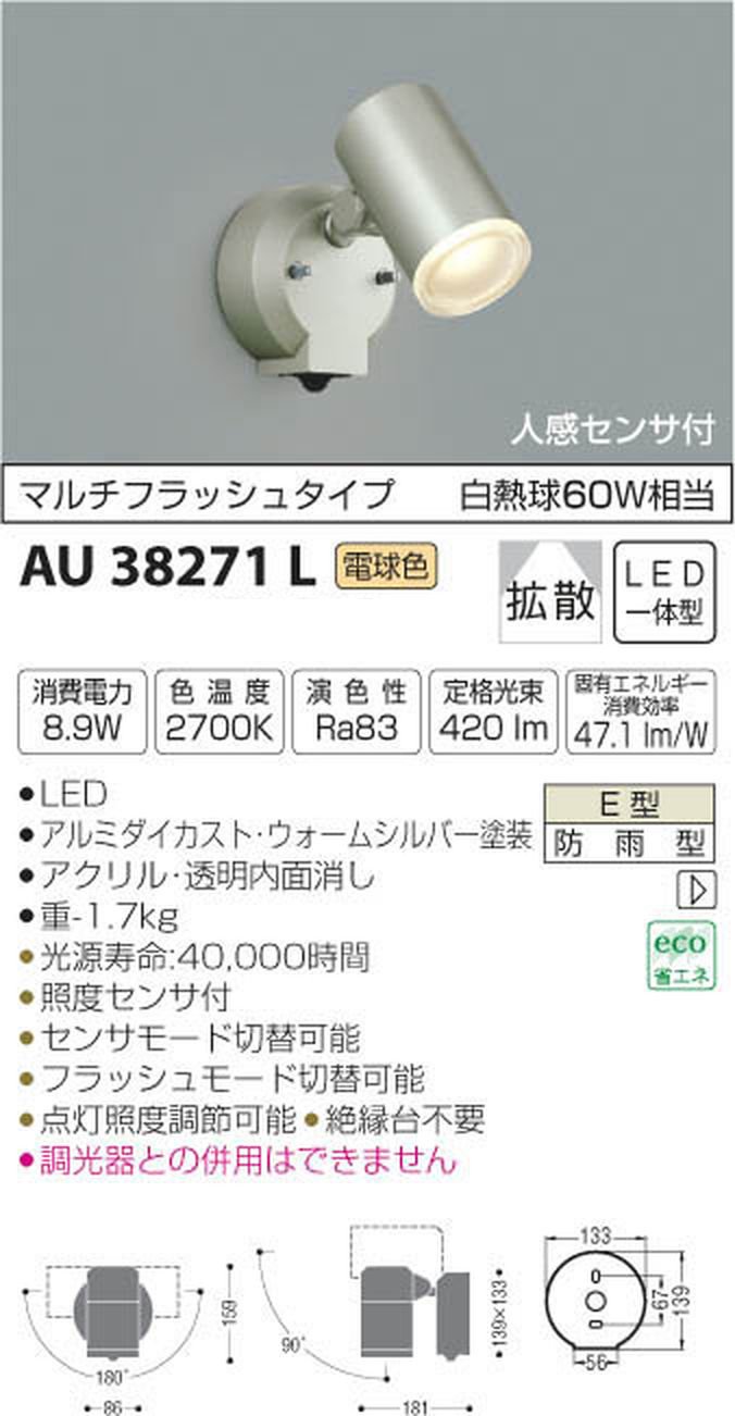 Amazon | コイズミ照明 人感センサ付スポットライト マルチフラッシュ