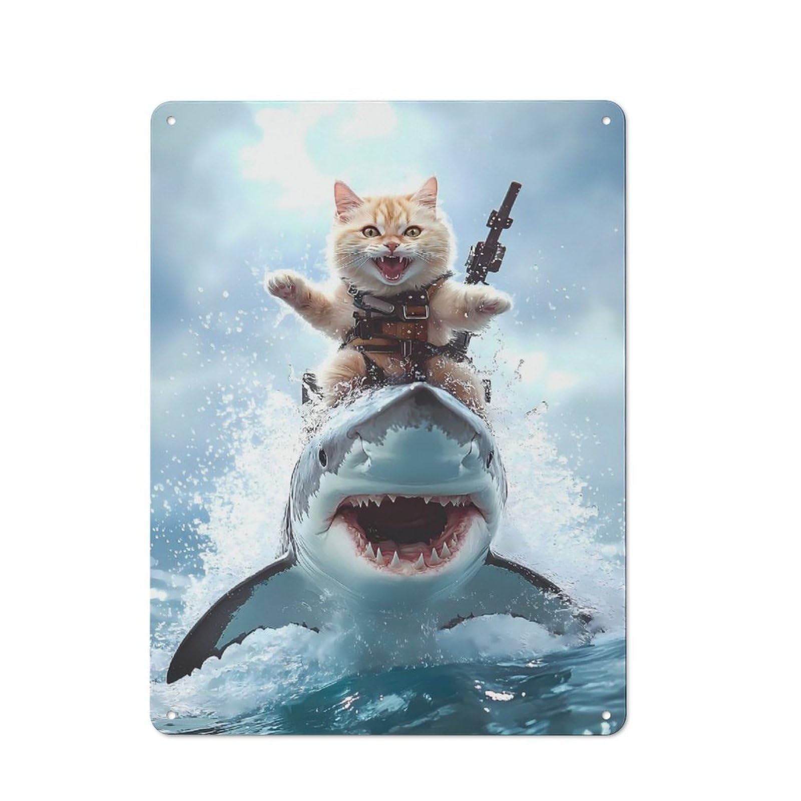 Metal Wall Sign 40x30cm Featuring Cat Riding Shark for Living Room Wall, for Metal Sign Collectors, for Garage And Workshop Walls