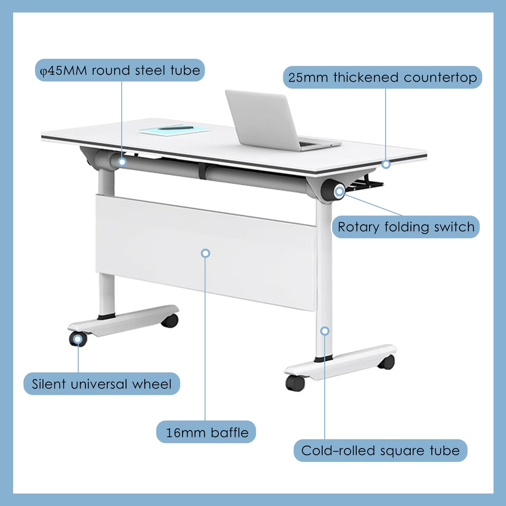 Tragbarer, klappbarer Konferenztisch, weiß, mit leisen Rollen, ideal für Büroseminare, Meetings und vielseitige Nutzung. Platzsparendes Design.