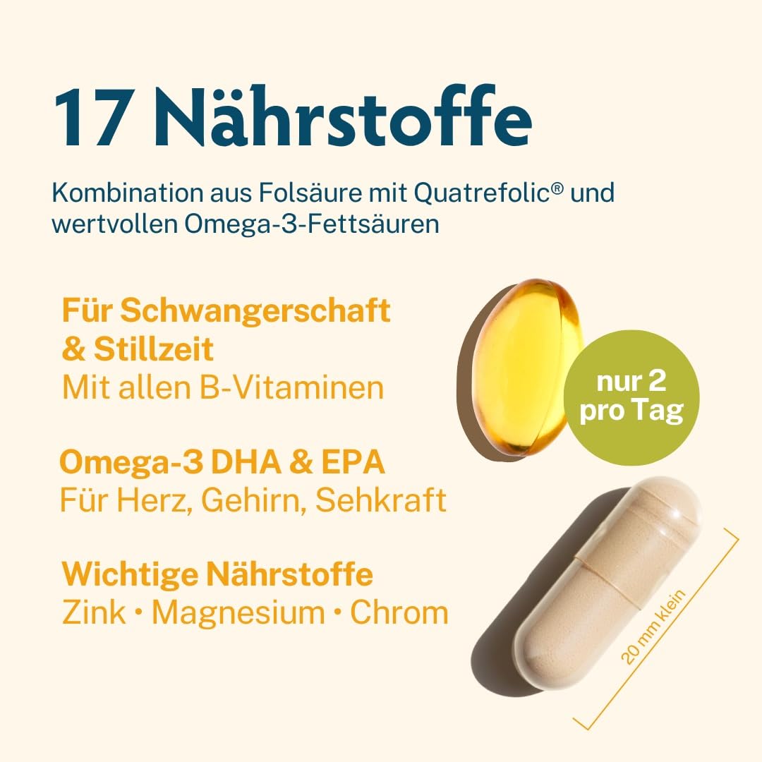 BabyFORTE® Folsäure ohne Jod + Omega-3 vegan mit Algenöl | 17 Schwangerschaftsvitamine ohne Jod + Quatrefolic® | 180 Kapseln | ab 1. Trimester