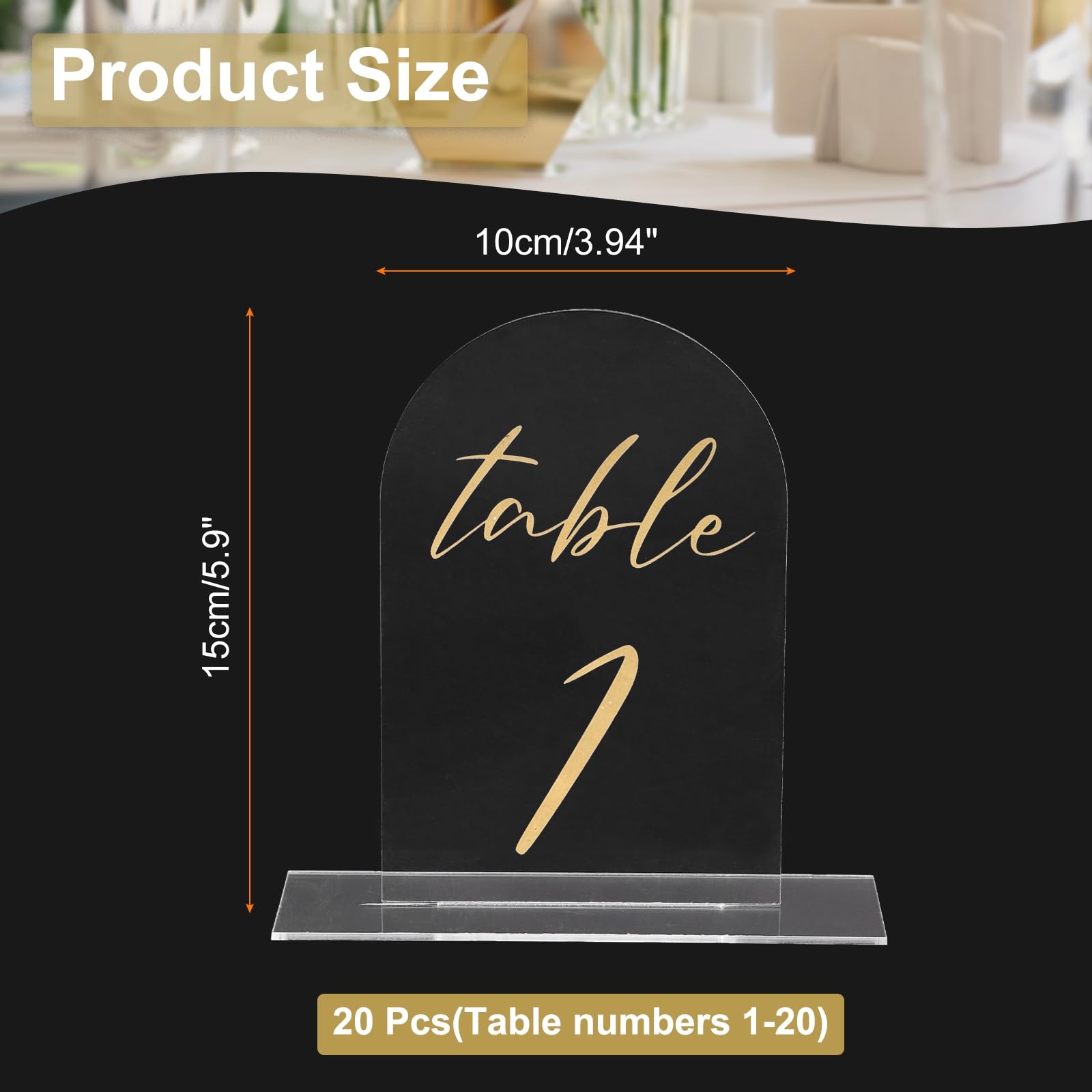 PATIKIL Numéros de Table Mariage 1-20, 15x10cm Support Plaque de Numéro de Table Acryliques pour Marque Place Mariage Fête Anniversaire Réceptions Événements, Fond Transparent Texte Doré
