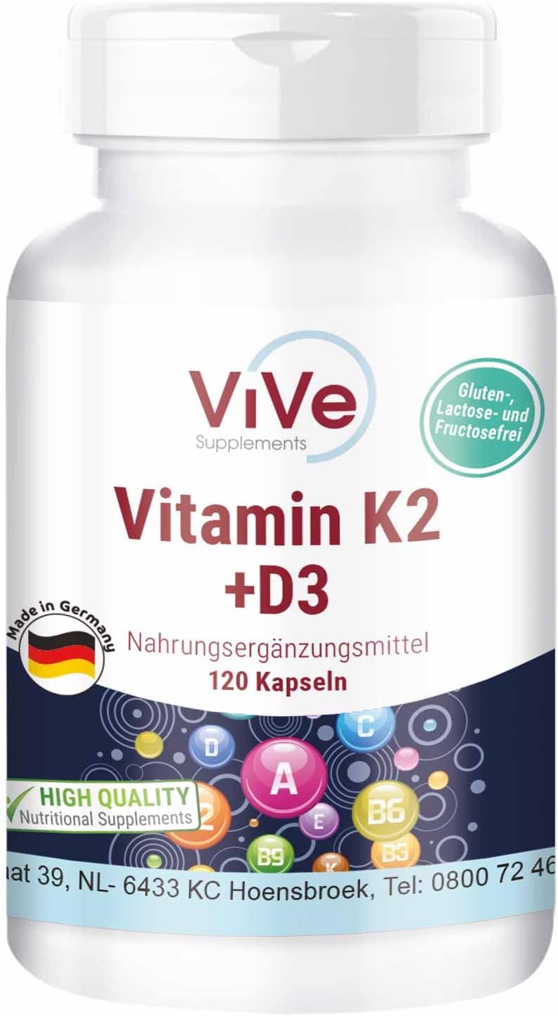 Vitamine K2 200 mcg Menaquinon MK7 + D3 10.000 I.E. Depot – 120 capsules, hoge dosering, slechts één capsule om de 10 dagen | Kwaliteit uit Duitsland van ViVe Supplements