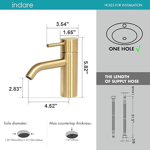 Miniatura 2 de Grifo de baño de oro cepillado, grifo de lavabo de baño de un solo agujero, moderno grifo de tocador de una sola manija con drenaje emergente y