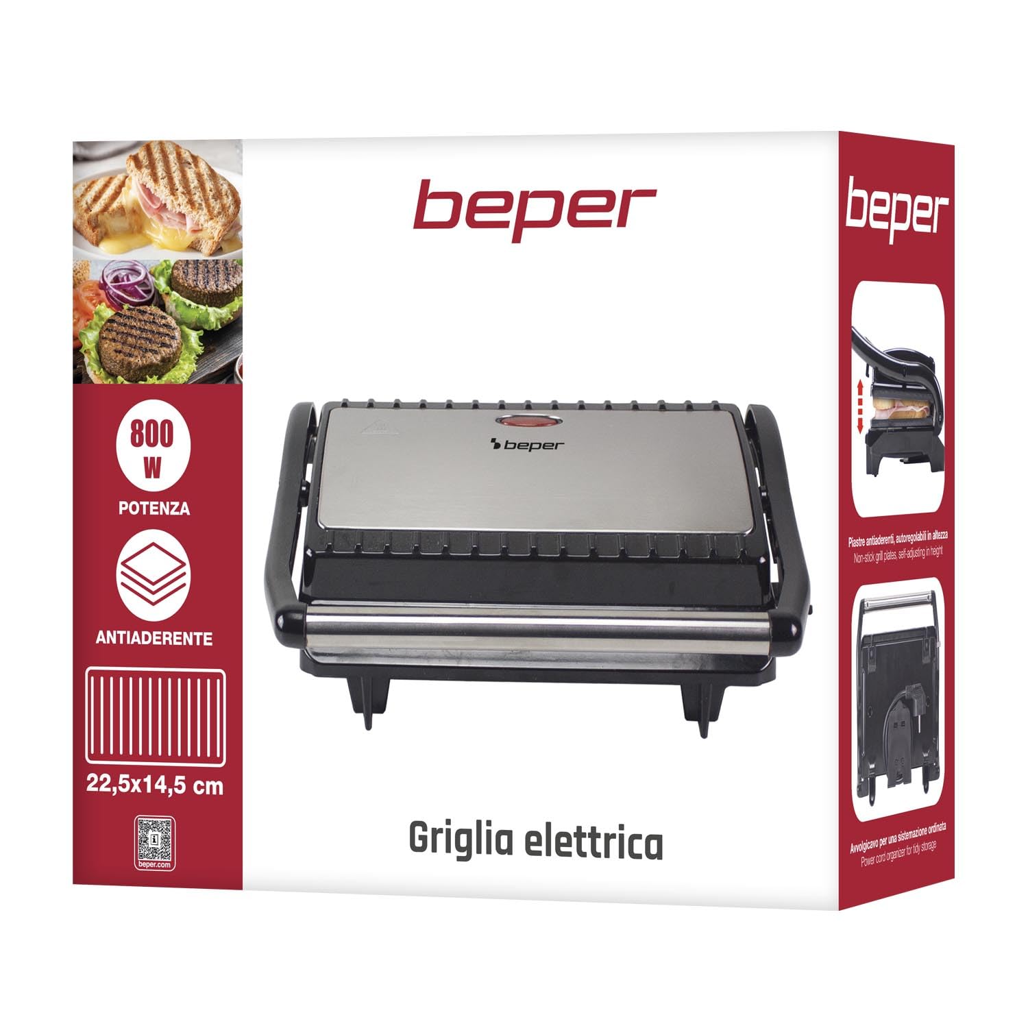 BEPER P101TOS003 Parrilla Eléctrica Compacta, Placa Antiadherente, Tostadora, Sándwiches, Carne, Verduras - Placas Autoajustables, Mango Termoaislante y Recogedor de Cable Integrado