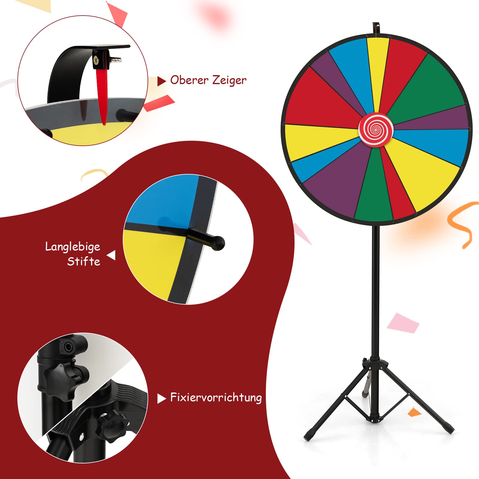 GOPLUS 30 Zoll Glücksrad mit höhenverstellbarem Metallboden, inkl. Radiergummi und Markierstift，Drehrad Preisrad für Lotteriespiele und Partyspiel, für Kinder und Erwachsenen, bunt (30")
