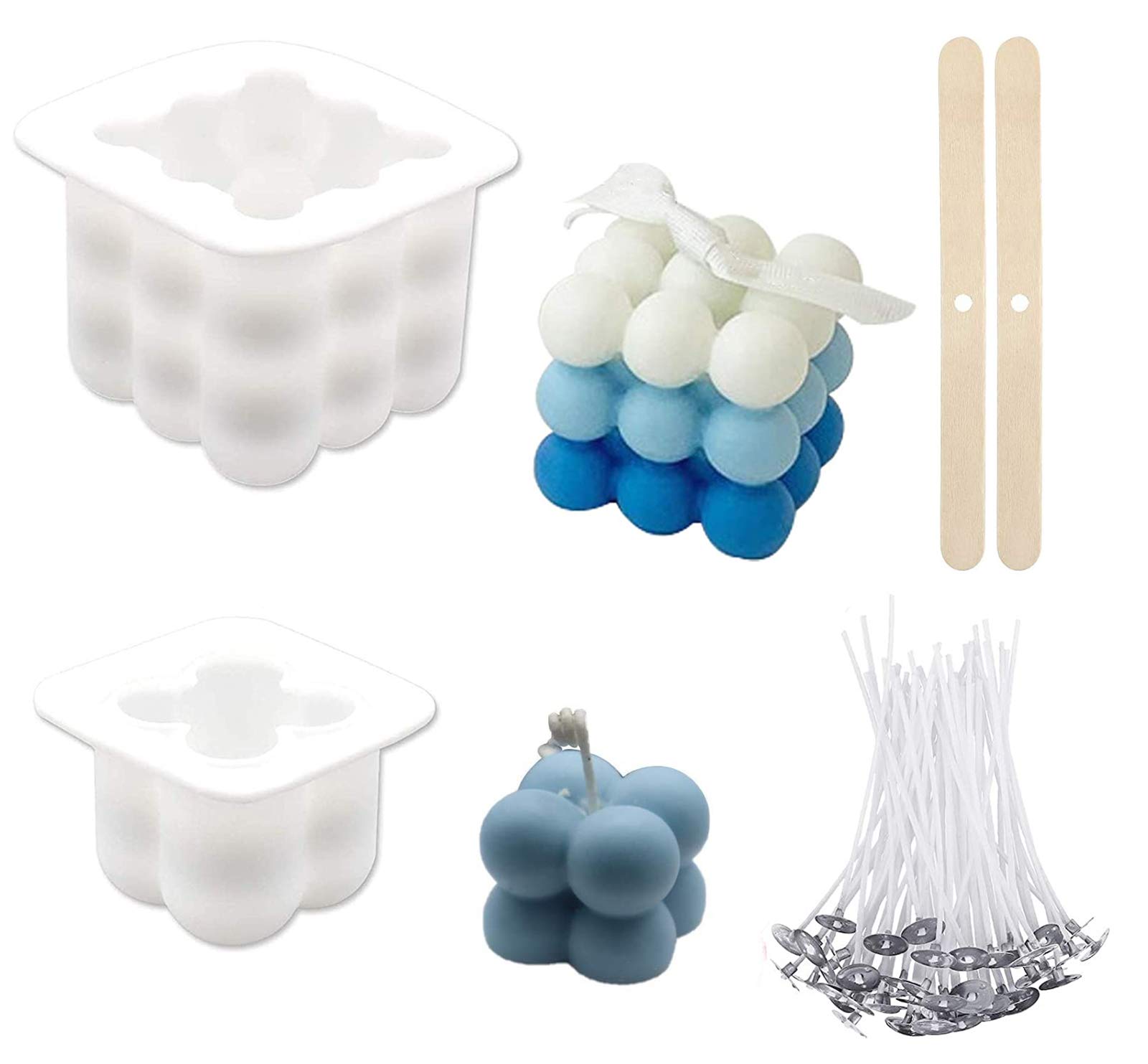 ICEYLI 3D Silicone Soy Candle Mold, Overlapping Balls Sphere Mold Handmade Soap Ornament Mold with 50 Candle Wicks and 2 Wooden Candle Wick Holders for DIY Crafts Making Handicrafts Candle Decorations