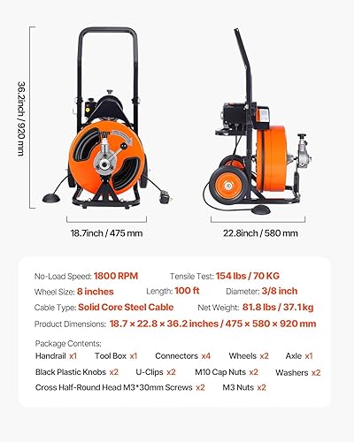 Miniatura 7 de VEVOR Máquina de limpieza de drenaje de 100 pies x 38 pulgadas, máquina de serpientes de alcantarillado, limpiador de barrena de drenaje con 4