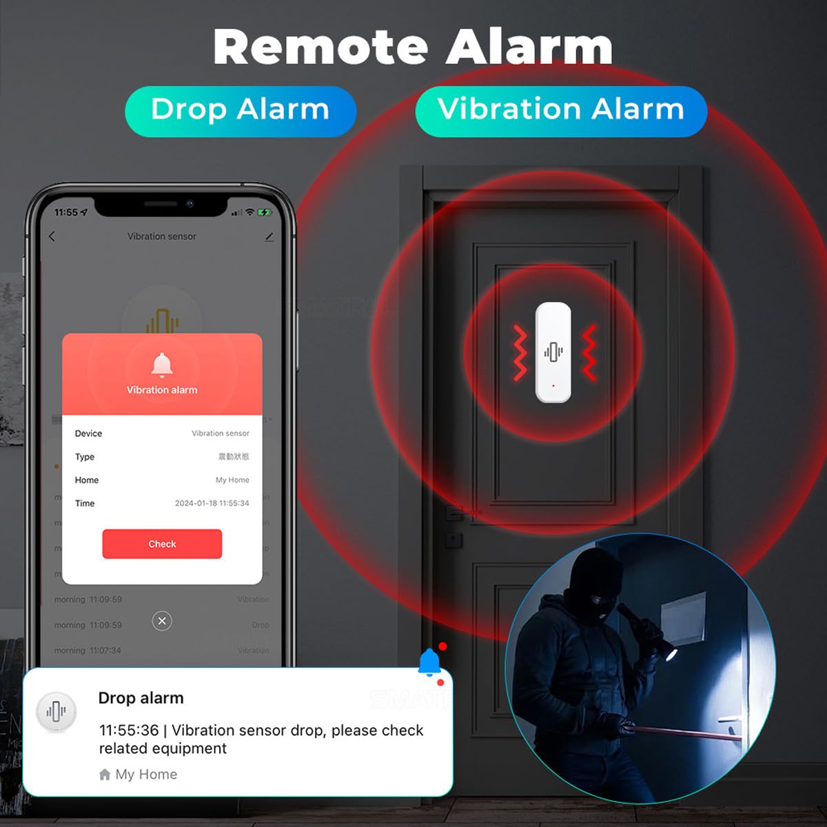 Capteur de vibration intelligent, nécessite un concentrateur Zigbee, capteur de vibration Zigbee, détecteur de mouvement sans fil mini bris de vitre