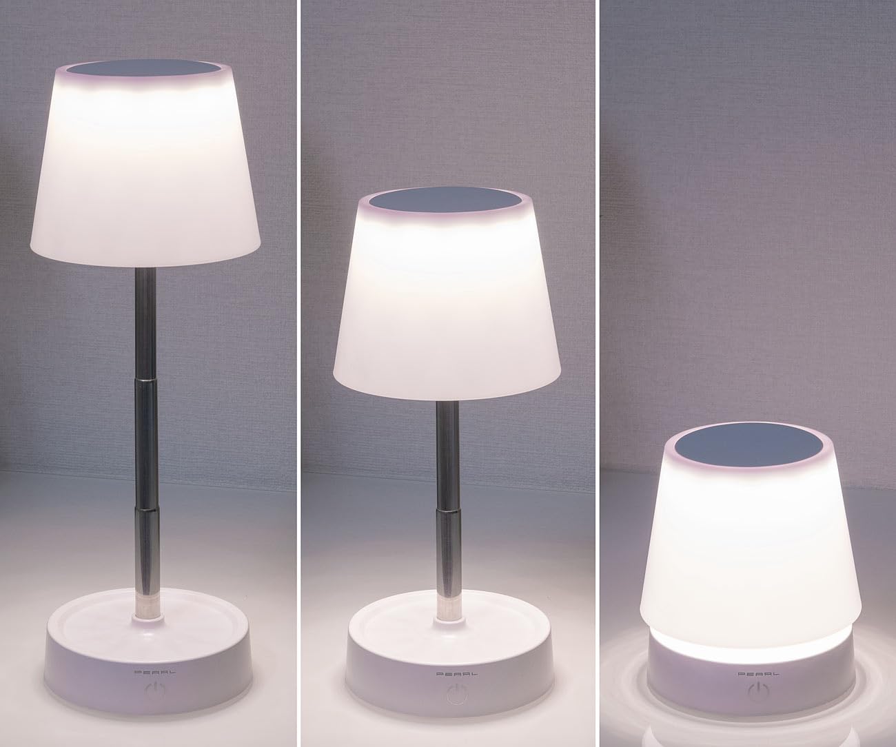 PEARL Nachtischlampe: 8er-Set Dimmbare Teleskop-Akku-Tischleuchte mit 80 Lumen, 1.200 mAh (LED Tischleuchte Batterie, aufladbare Tischlampe, Regal)