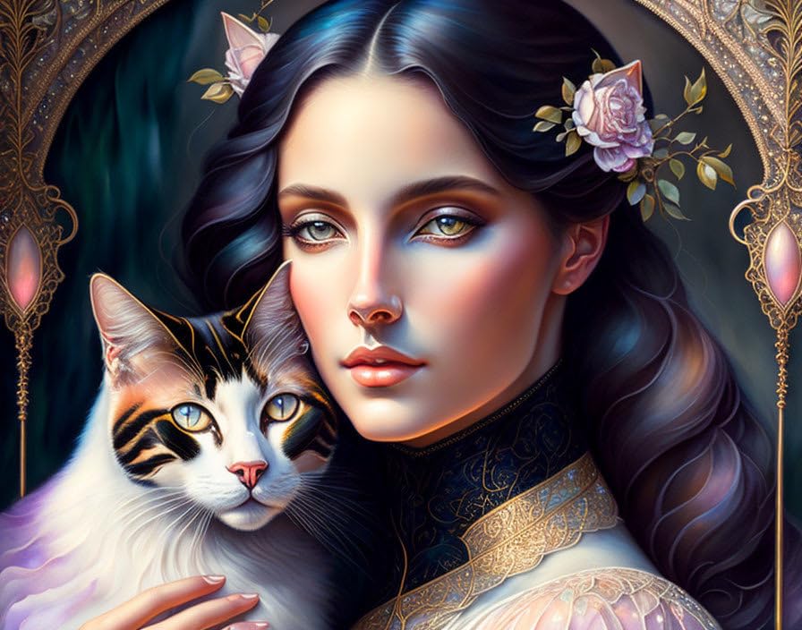 Poster mural sur toile Meechi femme au chat Art nouveau pastel 50x70cm sans cadre