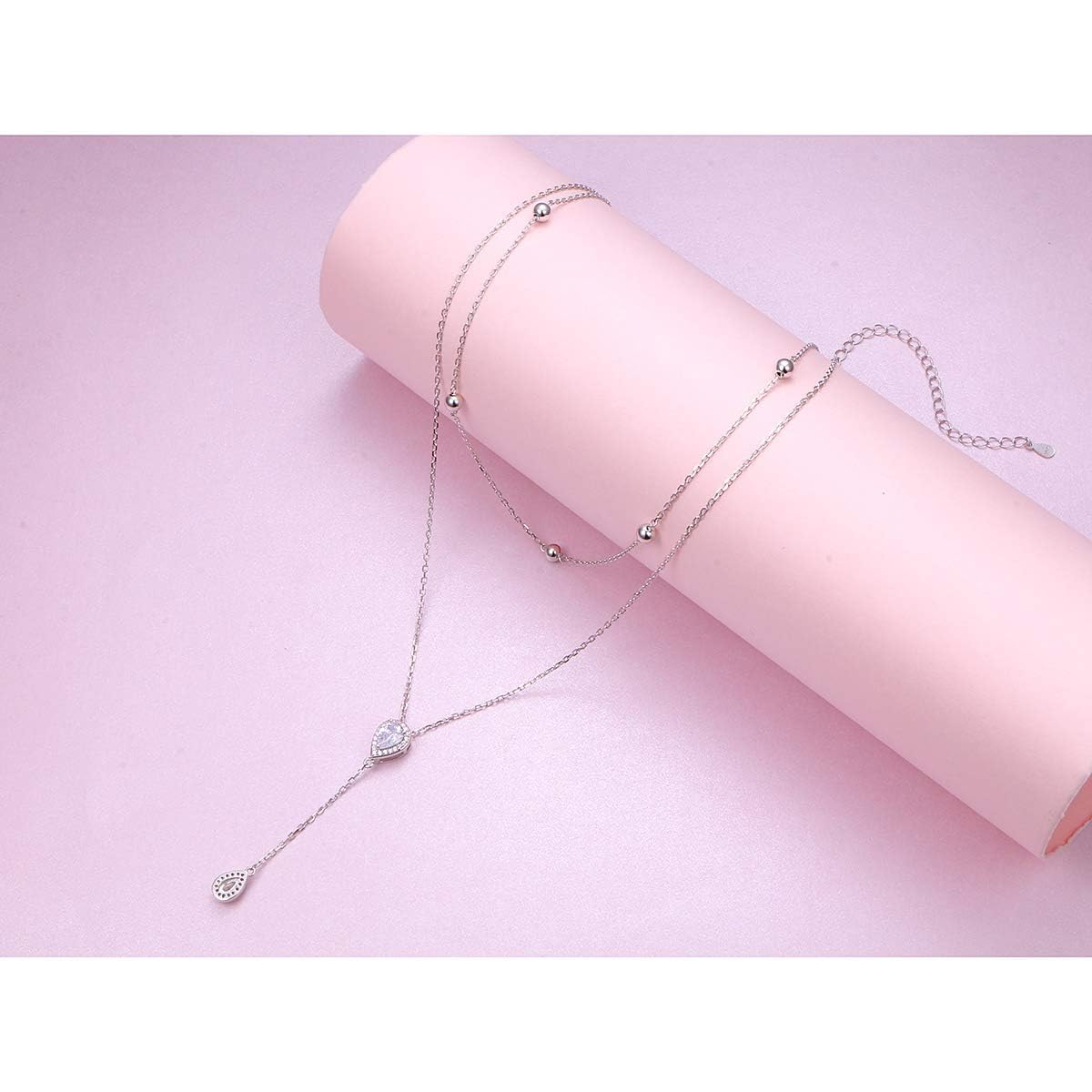 Collana girocollo a strati S925 in argento sterling regolabile multistrato goccia pendente Y Lariat perline collana gioielli regali per donne ragazze, 16+18+3 Zoll, Argento sterling, Zirconia cubica