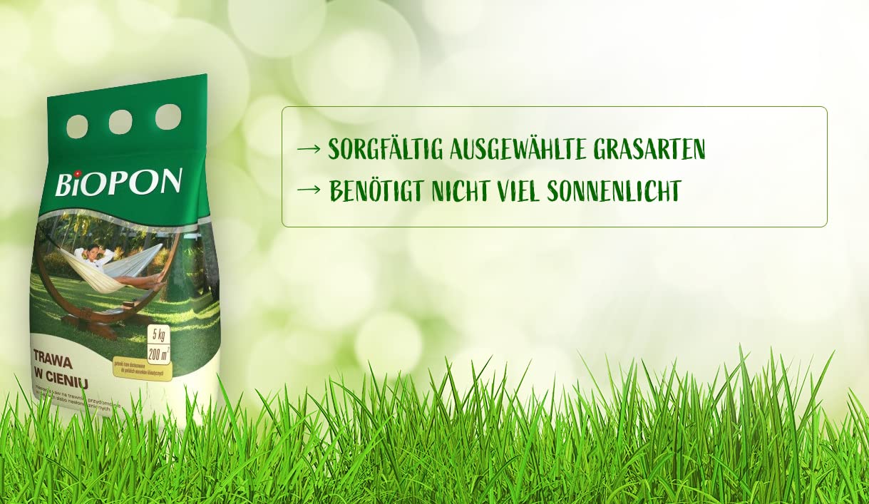 Biopon Rasensamen für Schatten 5 kg - Schattenrasen für Robusten und Widerstandsfähigen Rasen - Effizientes Schattenrasensamen für Schönen Garten - 5 kg Samen für 200 m² Rasen