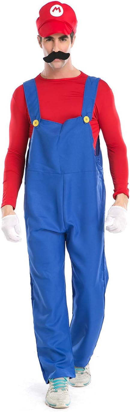 Minetom Super Mario Luigi Halloween Costume Classic Mario Brothers for Halloween Party (Red, Large) : Toys & Games