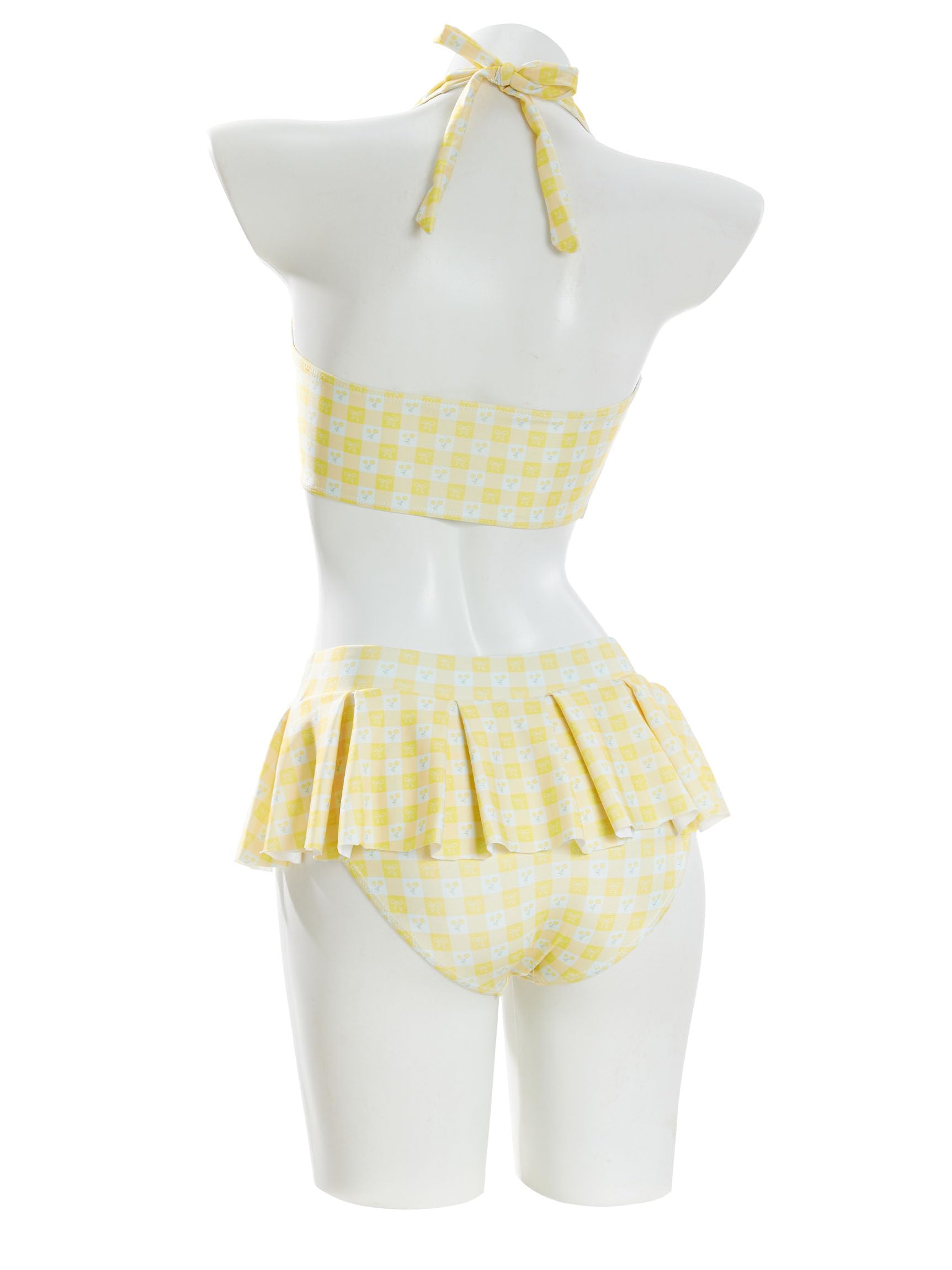 daizbella Women's Bikini Sets 50's Retro Vintage High Waist Plaid Self-Halter Bathing Suit with Headband: Yellow X-Large