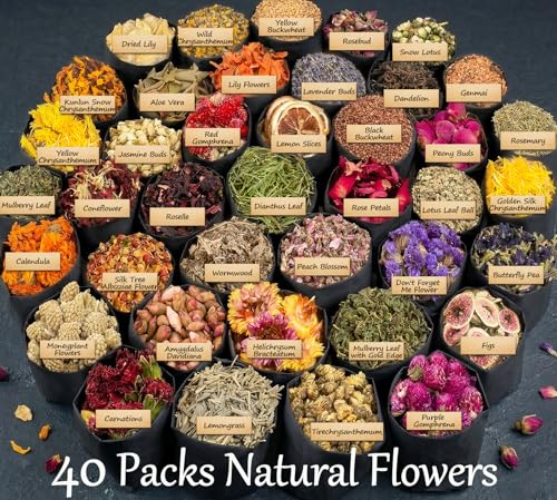 Image of [Latest] 40 Pack Dried Flowers for Candle Making, 100% Natural Dried Herbs Kit for Soap Making, Bath, Resin Jewelry Making, Bulk Dried Flowers Include Lavender, Rose Petals, Rosebuds, Leaves, Lemon.