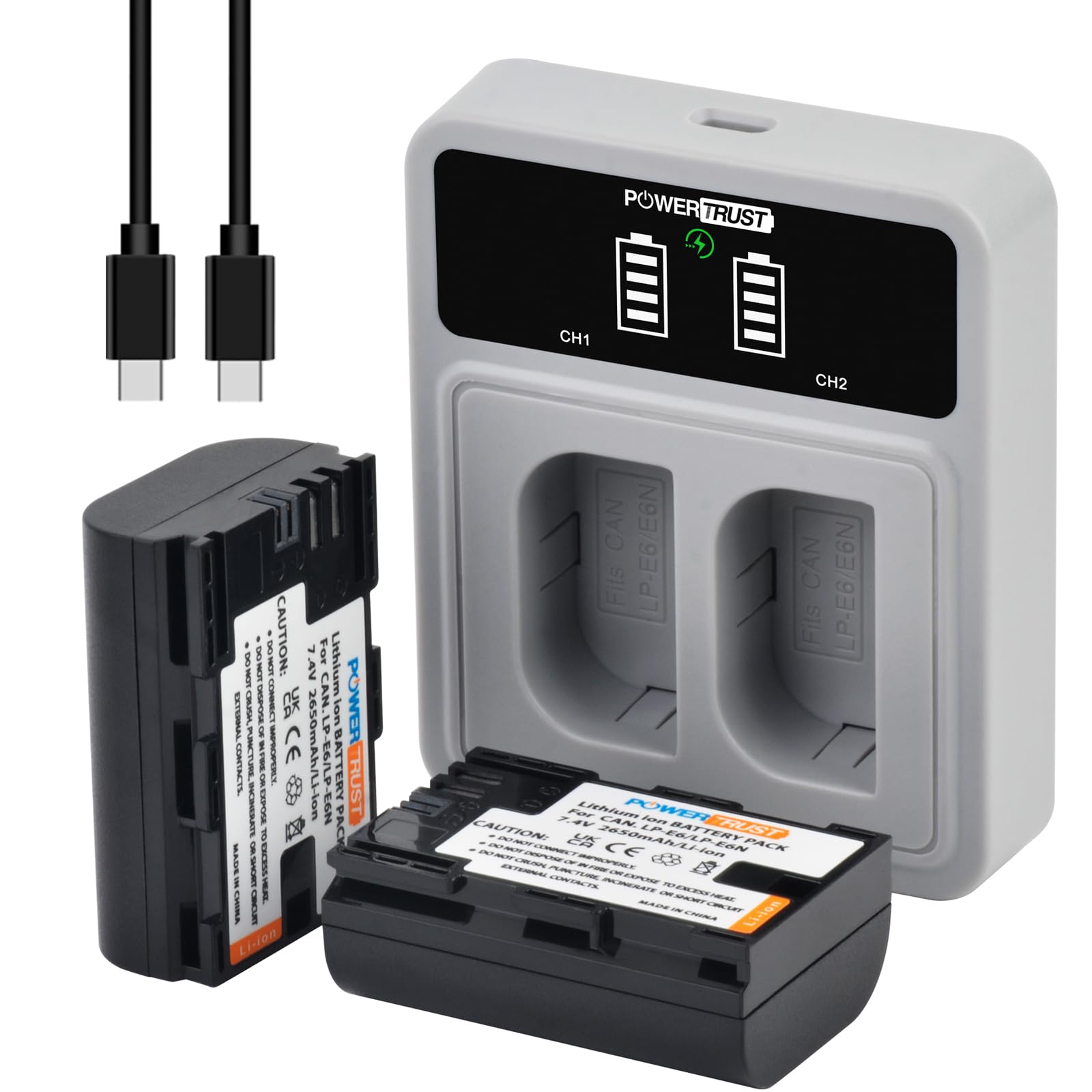 PowerTrust 2pcs LP-E6 LP-E6N Akku mit PD 20W Fast Dual USB-C Ladegerät für Canon EOS R5,R6,R7,6D,7D,80D,90D,EOS 5DS R,5D Mark II,5D Mark III