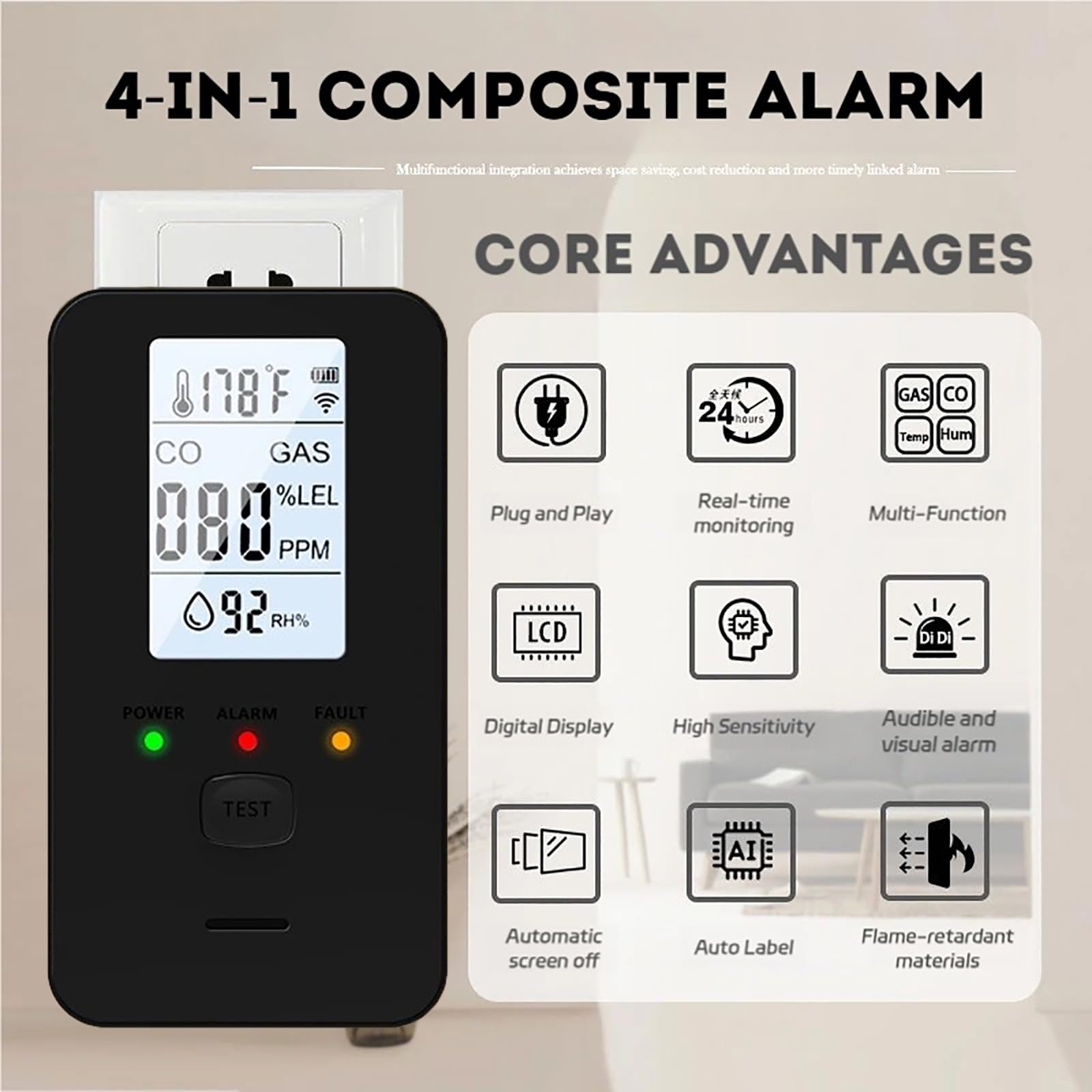 2026 New Steadfast Haven Pro Detector,4-in-1 Plug in Detector with HD Digital Display, for Home, Kitchens, Hotel (4*White) - 3