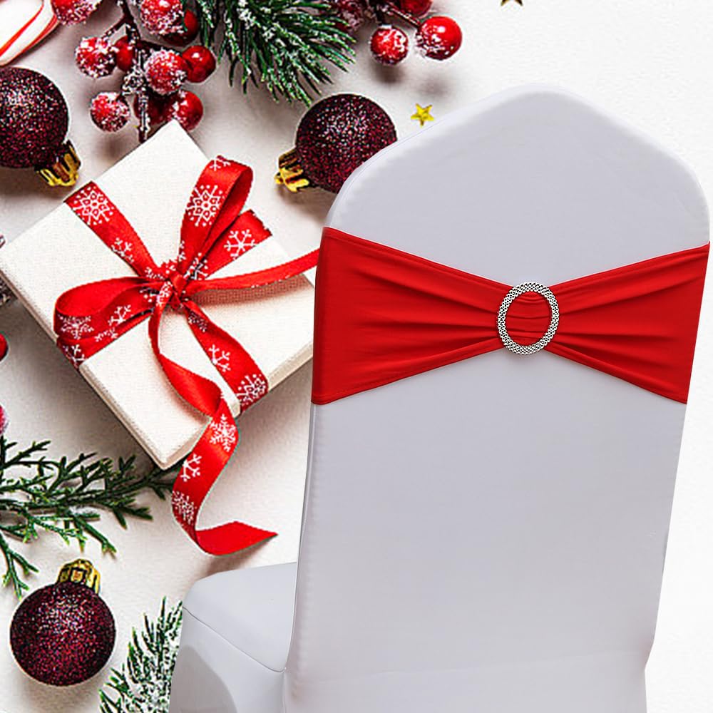Red Spandex Chair Sashes 50 Pack, Chair Bands for Wedding Christmas Decor