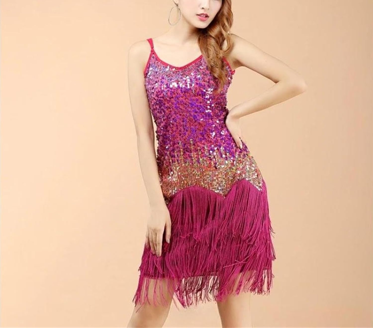 Women Mock Neck Fringe Dress Spring Glitter Sequins Latin Dance Outfit Vintage Stage Performance Ballroom