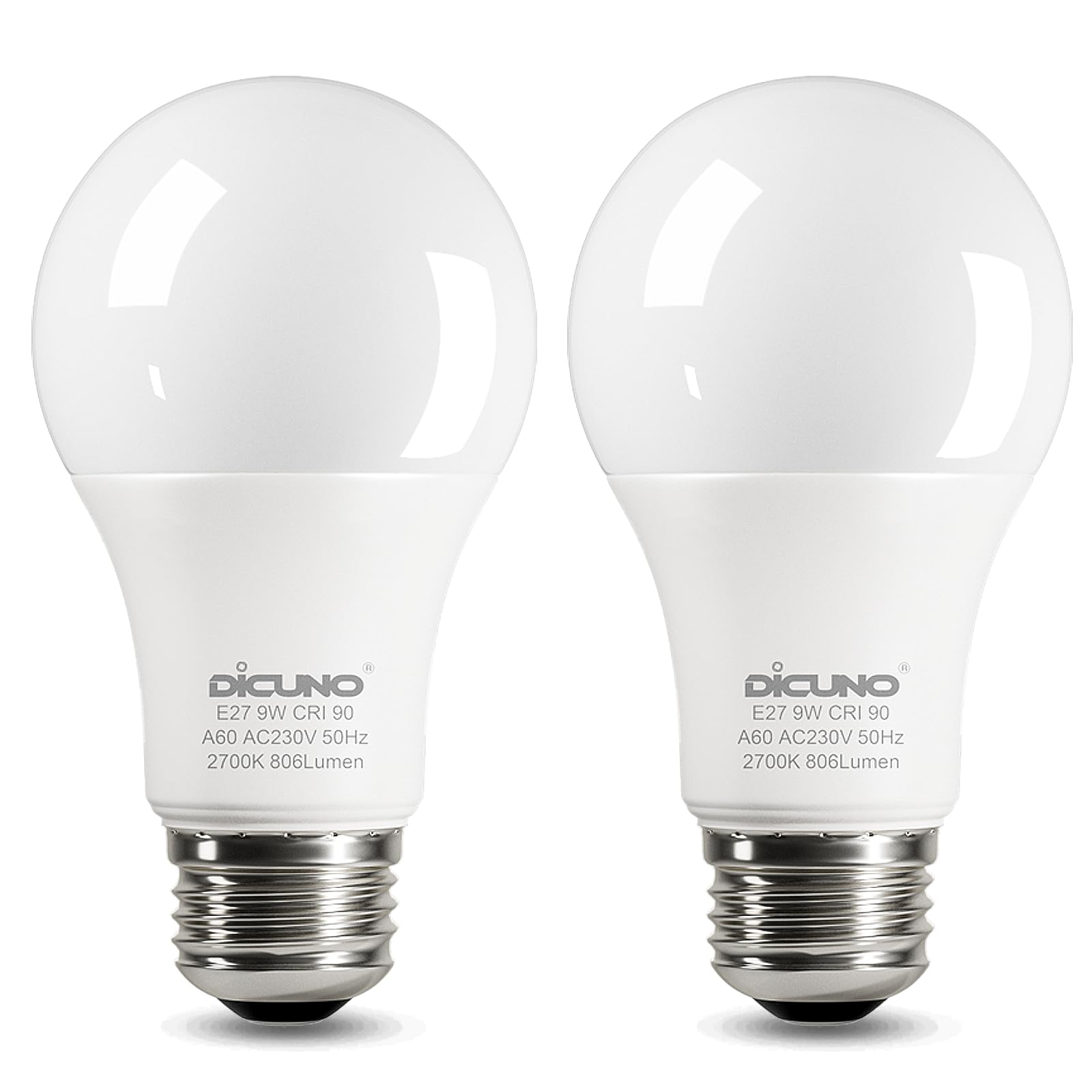 DiCUNO E27 Screw LED Bulb 9W, Warm White 2700K, 60 Watts Halogen Equivalent, Large Screw in Light Bulb, 806LM, Non-Dimmable, ES High CRI 90 Lightbulbs for Lamp, 2 Pcs